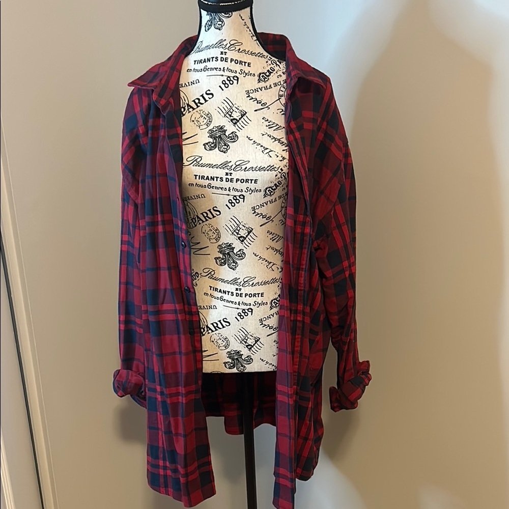 Amazon Essentials Red and Black Plaid Button Down Shirt